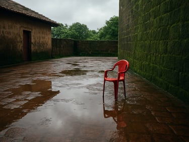 Wide shot of a Goan laterite courtyard just after the first monsoon rain, puddles reflecting the overcast sky, a single red plastic chair left out, moss-green walls close in on the right, no people