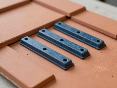 Detailed macro shot of warm terracotta clay tiles and deep slate blue zinc fittings neatly arranged on a workspace, soft overcast daylight, rich textures, 35mm