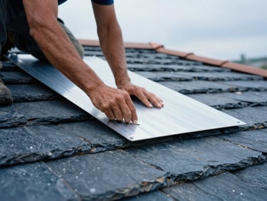 Low-angle documentary shot of a craftsman's hands shaping a zinc sheet on a roof under soft overcast daylight, slate blue tones, sharp details, 35mm