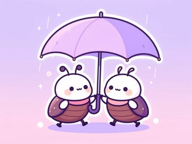 Cute pastel kawaii vector illustration of two cartoon roaches walking together under a pastel lavender umbrella in gentle rain