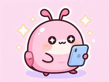 Cute pastel kawaii vector illustration of a cartoon roach blushing with giant sparkly eyes while looking at a phone screen