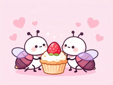 Cute pastel kawaii vector illustration of cartoon roaches sharing a single strawberry cupcake, soft pink background with tiny hearts