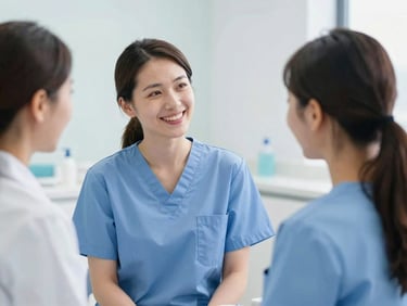 A patient smiling warmly while talking to a female dentist in blue scrubs, bright daylight, stress-free atmosphere, professional medical photography, 35mm
