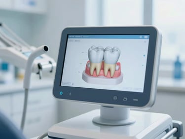 Modern digital dental scanner in a bright clinic, soft blue tones, high-tech screen showing a 3D tooth model, shallow depth of field, professional photography, 35mm