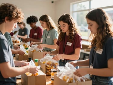 Students volunteering at a local food bank, sorting donations, bright natural daylight, candid, collaborative, warm editorial photography.