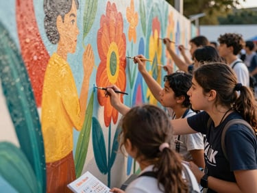 Students painting vibrant murals on an outdoor wall during an art festival, natural daylight, candid, expressive faces, rich tones.