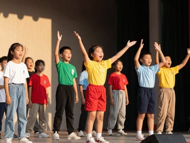 Dynamic shot of students performing on stage during a school play, warm stage lighting, expressive faces, rich vibrant tones, 35mm lens