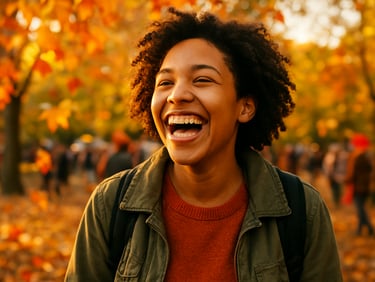 Candid medium close-up of a student laughing during an autumn festival, surrounded by colorful leaves and warm golden-hour sunlight, expressive face, rich vibrant tones, 35mm lens
