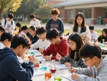 Wide environmental shot of students actively engaged in an outdoor science experiment on campus, bright natural daylight, candid expressive students, rich vibrant tones, 35mm lens