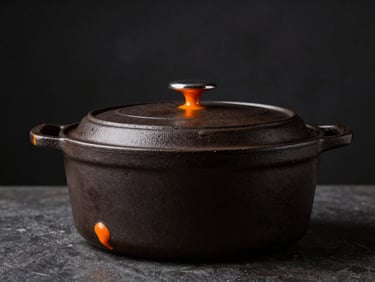 Deep charcoal cast iron dutch oven with molten orange accents, side profile, high contrast