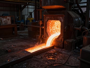Wide environmental shot of the industrial foundry floor, warm orange glows from molten metal contrasting with cool dark shadows.