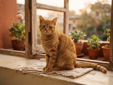 A beautiful Indian Indie cat with golden-orange tabby stripes sitting on a warm cream-colored windowsill, soft golden-hour window light, shallow depth of field, 35mm