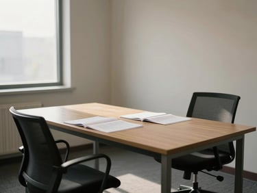 Wide environmental shot of a quiet consulting room — a single long table, two chairs, documents open on the surface, afternoon light entering from a tall window on the left, room unoccupied