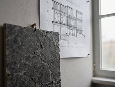 Close-up detail study of architectural drawings pinned to a matte surface beside a material sample swatch — dark stone tile and a structural plan fragment, natural north-facing window light, no people, no clutter, surgical framing