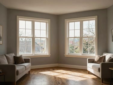 Wide shot of a living room with afternoon light through double windows, warm gray walls, minimal furniture, architectural proportions honest and clear