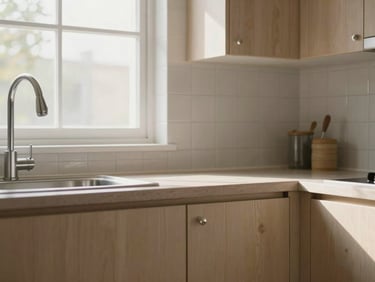 Close-up of a kitchen counter with pale wood cabinets and a window above the sink letting in morning light, ceramic tile backsplash, modest and clean