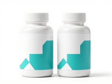 Two pristine white supplement bottles with abstract geometric labels, bright high-key studio lighting, clean white background, 85mm