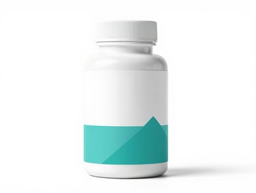 Pristine white supplement bottle mockup with medical teal geometric label, bright high-key studio lighting, clean white background, 85mm