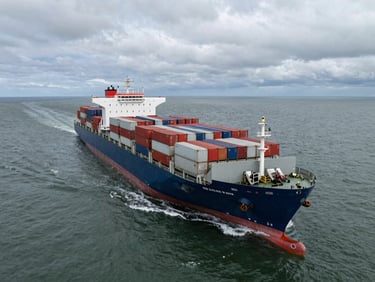 Overhead wide-angle view of a shipping vessel navigating under heavy overcast sky in the Tasman Sea, deck loaded with stacked containers in red and grey, dark green-grey water stretching to the horizon on both sides, natural diffuse daylight
