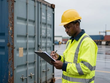 Dockside cargo handler in high-visibility gear checking a manifest clipboard beside a refrigerated container, flat overcast light, wet dock surface in the background
