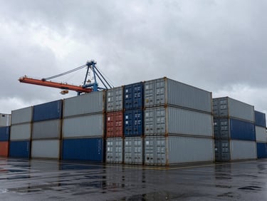 Wide overcast view of Auckland container terminal, stacked containers in deep grey light, a crane arm visible against a heavy sky, foreground wet asphalt reflecting the scene