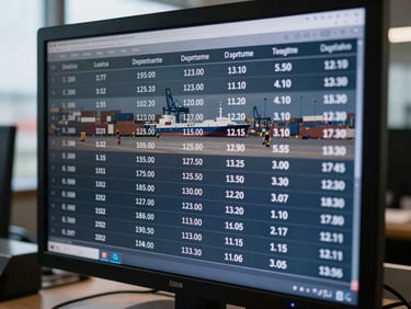 Close-up detail of a logistics dashboard screen showing departure dates and vessel names, reflected in a dock office window with a container yard visible beyond