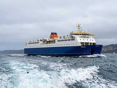 Cook Strait ferry crossing in choppy conditions, whitecapped water filling the foreground, a cargo vessel mid-channel under a low overcast sky, South Island coastline faint in the distance
