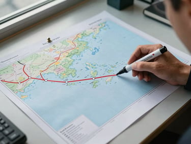 Overhead close view of a shipping route chart pinned to a dock office table, a hand placing a marker on the South Pacific arc, natural daylight from a side window