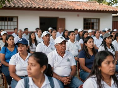 Comunidad de la vereda San Isidro reunida en asamblea general dentro de la escuela veredal, rostros atentos bajo luz natural