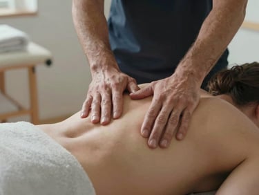 Fisioterapeuta realizando un ajuste manual suave en la espalda de un paciente en una camilla de madera.