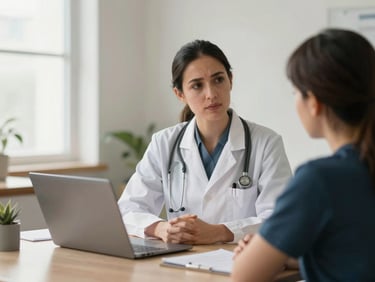 Médico especialista escuchando atentamente a un paciente en una consulta iluminada por luz natural suave.