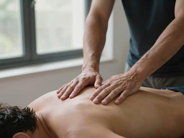 Plano medio de manos de un fisioterapeuta realizando un ajuste de espalda con luz natural filtrada por una ventana, enfoque profesional y calmado.