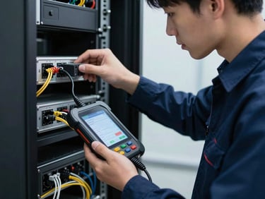 Close-up of a professional IT technician in a dark blue uniform testing server connections with a digital diagnostic tool, bright focused lighting, clean industrial background.