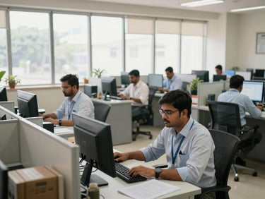 Wide environmental shot of a modern, organized government administrative office in India, professional staff working at clean computer terminals under bright natural window light.