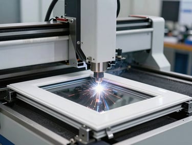Medium shot of an automated CNC corner welding machine fusing a white uPVC window frame, precise mechanical clamps visible, clean industrial lighting.