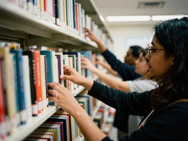 People browsing shelves in a participatory library, warm ambient light, hands reaching for books, candid moment.