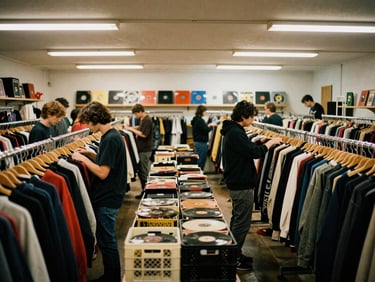 Wide-angle action shot of people browsing clothes racks and vinyl crates at a solidarity shop, warm indoor ambient light, candid moments