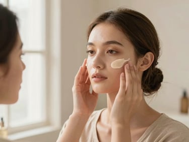 Seorang siswa sedang melakukan facial pada model, menggunakan alat kecantikan profesional, dengan fokus pada tangan dan wajah, pencahayaan studio yang hangat, warm editorial photography, soft natural window light, elegant champagne and neutral tones, shallow depth of field, 35mm