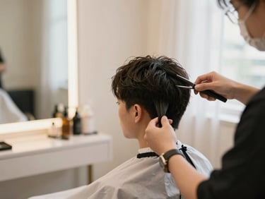 Seorang siswa sedang mempraktikkan teknik pemotongan rambut dengan gunting dan sisir di salon pelatihan yang modern, pencahayaan alami yang lembut, warm editorial photography, soft natural window light, elegant champagne and neutral tones, shallow depth of field, 35mm