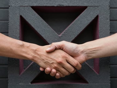Macro shot of hands locking a dark grey architectural brick into a complex geometric sculpture, burgundy rim-lighting