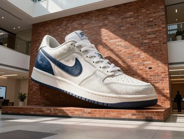 Low-angle wide shot of a modern corporate lobby featuring a massive custom sneaker and brick installation, dramatic shadows