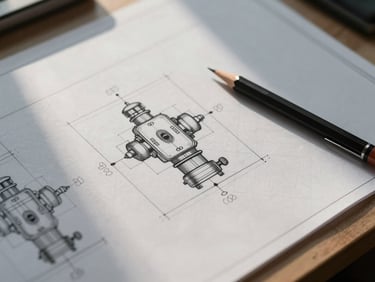 Close-up overhead of a technical drawing table: precise CAD linework on a large-format sheet, a mechanical pencil resting at the edge, soft directional light casting subtle shadows across the drawing, blueprint grid visible in the background