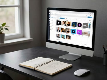 Wide shot of a minimalist desk setup with a large monitor showing a social media content calendar grid, a notebook with handwritten strategy notes beside it, natural window light from the left, clean dark surface
