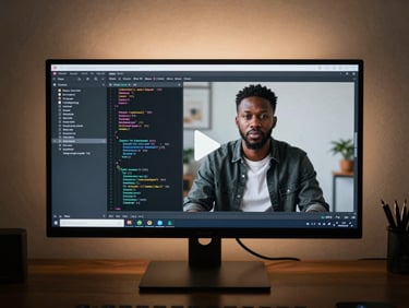 Cinematic wide-angle shot of a large monitor in a dark room playing a video tutorial — code visible on screen, play button overlay visible, soft backlight glow behind the monitor, African home office setting