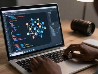 Close-up of a laptop screen displaying a neural network diagram and Python code in a dark IDE, African professional's hands on the trackpad, cool LED workspace light