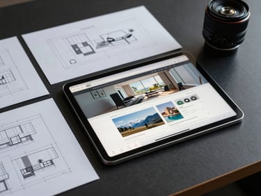 Overhead flat-lay of design wireframes and a tablet showing a web app interface on a dark desk, cool studio light, sharp detail