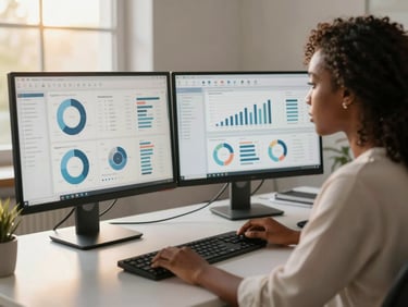 Medium shot of an African woman at a desk reviewing analytics dashboards on two monitors, social media scheduling tool visible, golden hour light from a nearby window