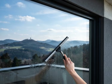 Crisp architectural photography of a modern house window in Albstadt, a squeegee pulling water off the glass, revealing a sharp reflection of the Swabian Alb landscape under bright natural daylight, cool blue and slate tones, high contrast.