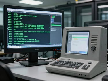 Straight-on documentary shot of a legacy terminal screen running green-text AS400 software side-by-side with a modern slate-gray terminal interface in a cool-lit server room.