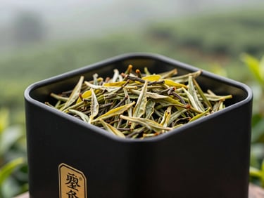 Macro shot of loose-leaf orthodox golden-tipped tea leaves in a premium matte black tin with gold embossing, soft dramatic side lighting